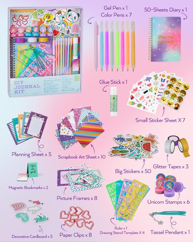 Nicpro DIY Journal Kit for Girls, 123 Pack Art & Craft DIY Journaling Set for Kids Ages 6,7,8,10 to 12 Years Old, Scrapbook Kit Stationery Set Gift for Birthday, with Diary, Color Pen, Stamp,Stickers