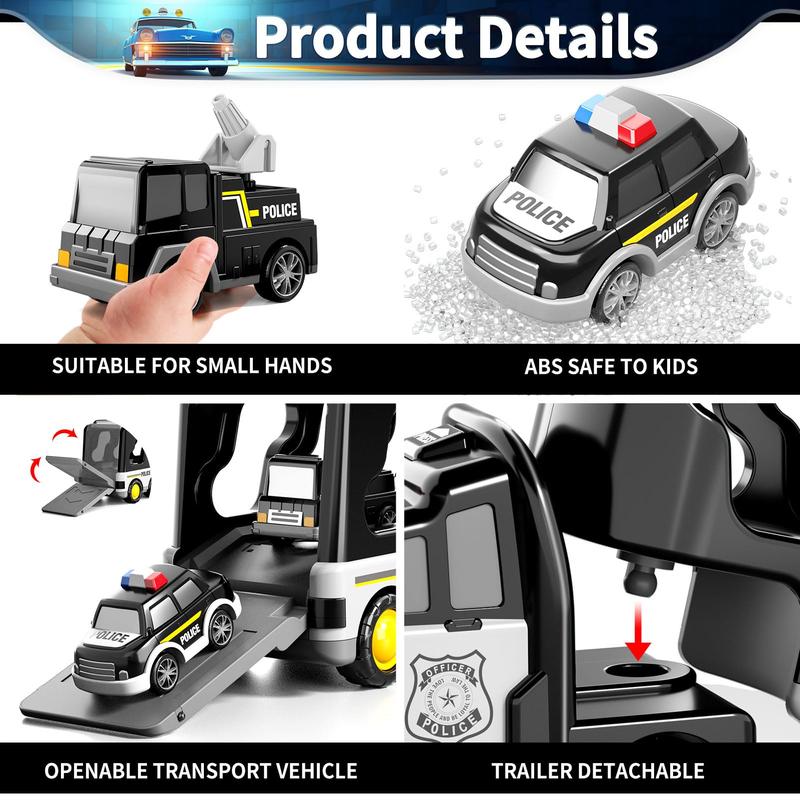 Police Truck Toys  - 7-in-1 Friction Power Emergency Vehicle, Police Car Toy, Carrier Truck Toys