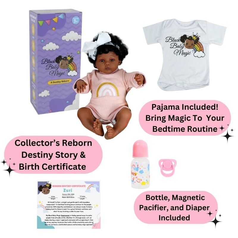 Black Baby Magic Reborn Destiny Doll w Accessories, 6 Piece Gift Set, Soft Body, 17 Inch Newborn, Realistic, Curly Natural Hair, Black African American Girl (Zuri)