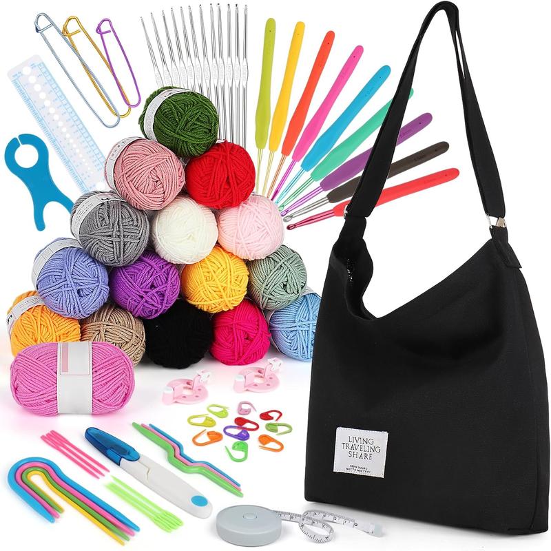 Crochet Kit for Beginners, 70 count Beginners Crochet Kit for Adults  Includes 16 Yarns for Crocheting Crochet Hooks Set Canvas Tote Bag Knitting Kit Complete Knitting&Crochet Supplies(Black)