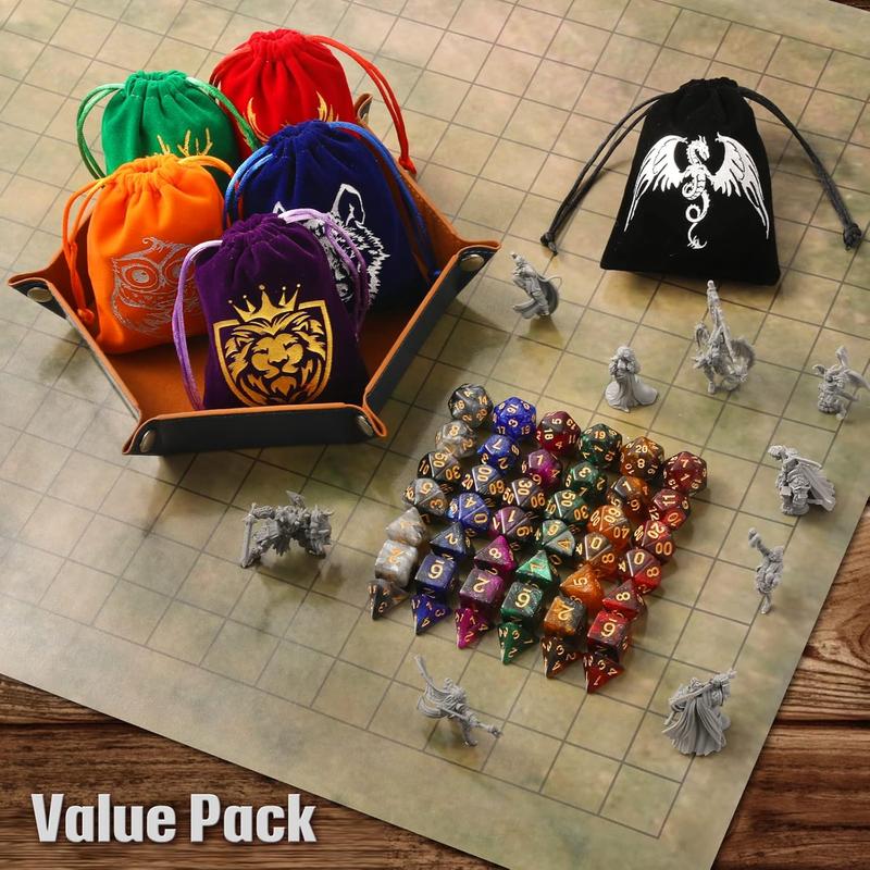 DND Dice Set, 42 Pcs polyhedral dice Set with 6 Colorful Animal Pattern Dice Bag and PU Leather and Velvet dice Tray for Dungeons and Dragons D&D RPG  Table Games Starry Sky