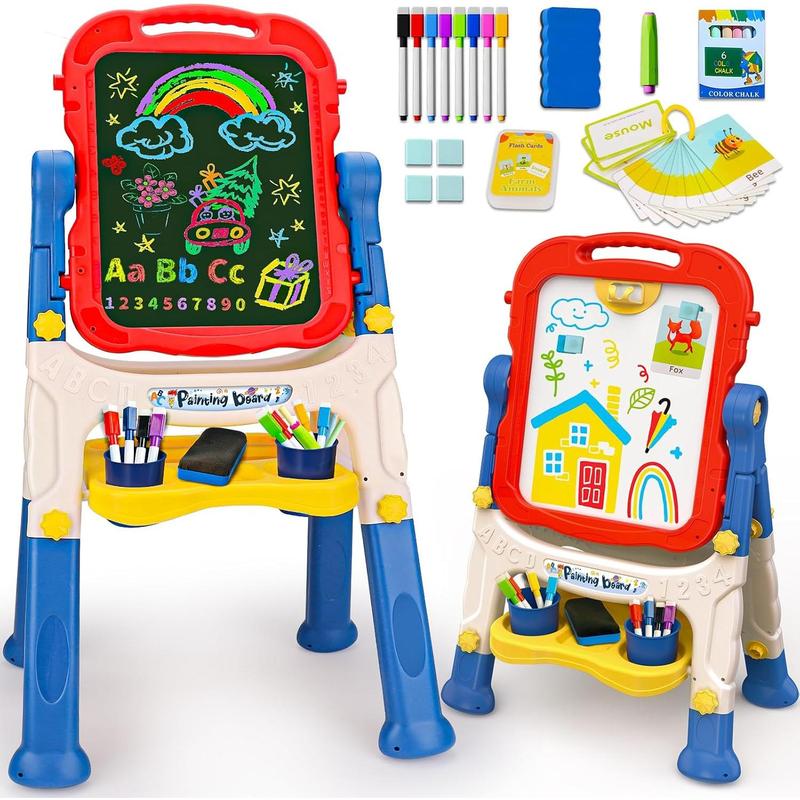 Kids Easel for Toddlers Age 2-4 Art Magnetic White Board & Chalkboard Double Side Adjustable Stand Drawing Writing with Flash Cards Learning Educational Toy for 2 3 4 Year Boys Girl Birthday Gifts