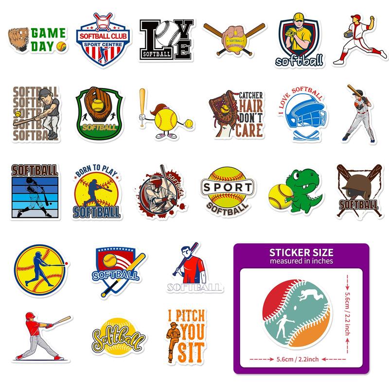 50pcs Softball Pattern Decorative Sticker, Waterproof Scrapbooking & Journal Making Material Paper, Diy Decorative Sticker For Stationery Computer Water Bottle