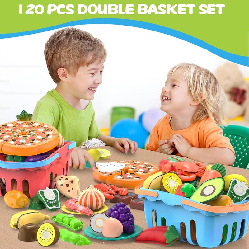 120 Pcs Cutting Play Food Toy for Multiple Kids with 2 Colors Storage Baskets, Kitchen Pretend Food Set for Toddler, Kitchen Toys Accessories, Fake Food Fruit Vegetable, Birthday Gifts for Boy Girl