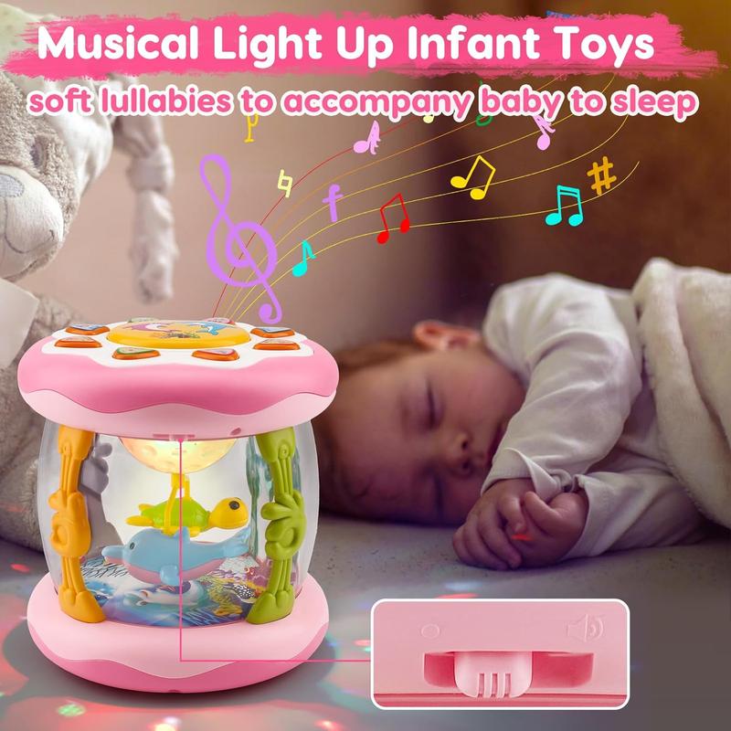 Kids Musical Light Up Toys Ocean Projector Rotating Tummy Time Learning Crawling Pink Toys Children Boys Girls 1 2 3 Year Old Birthday Christmas Gifts