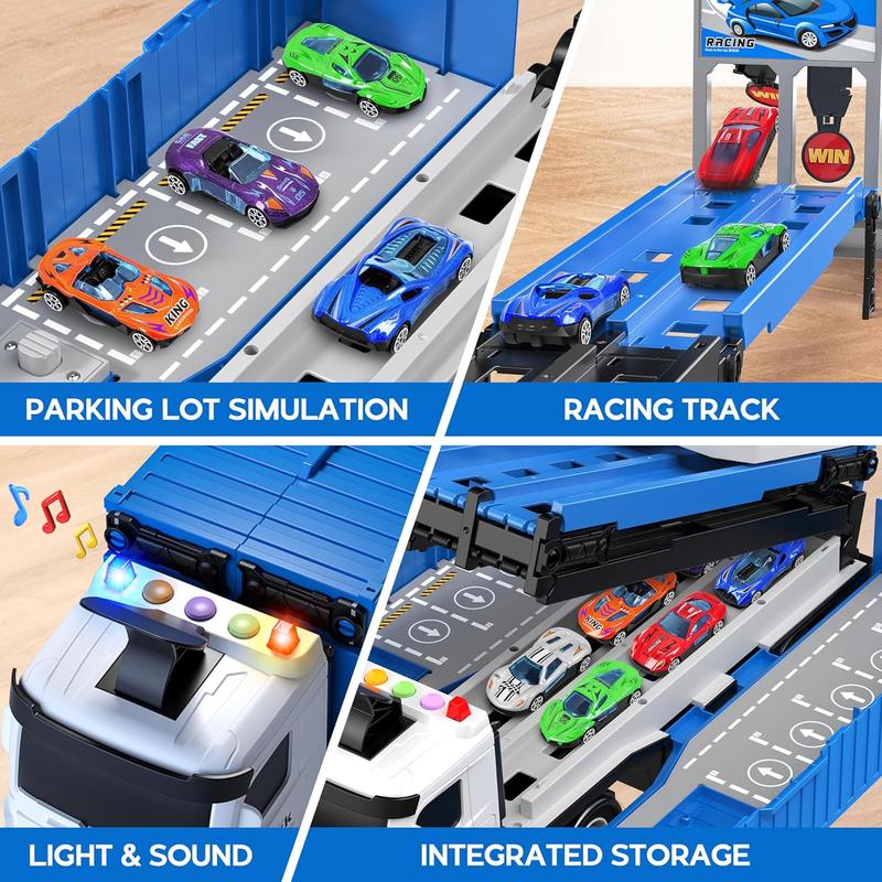 Toddlers Toys, Foldable 3 Layer Car Race Track Playset, Toy Truck Transport Car Carrier & 8 Race Cars, Truck Car Kids Toys Xmas Gifts for Age 3 4 5 6+ Years Old Boys Girls