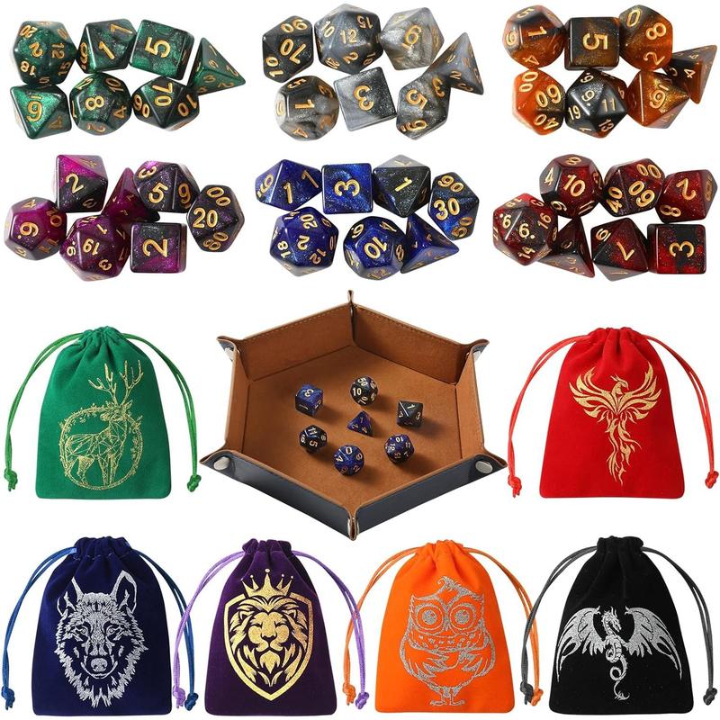 DND Dice Set, 42 Pcs polyhedral dice Set with 6 Colorful Animal Pattern Dice Bag and PU Leather and Velvet dice Tray for Dungeons and Dragons D&D RPG  Table Games Starry Sky