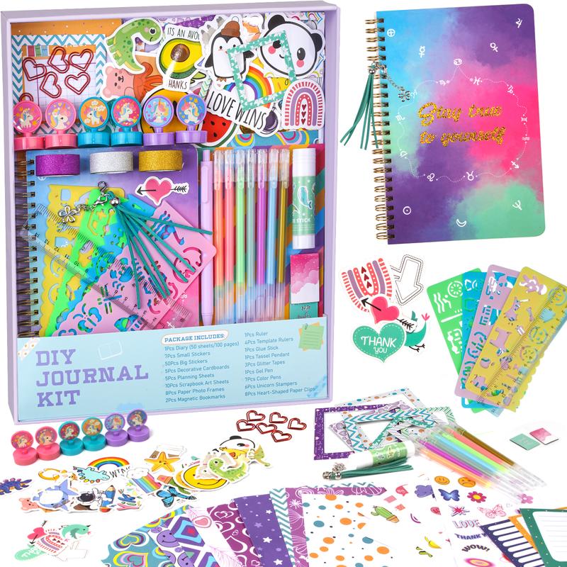 Nicpro DIY Journal Kit for Girls, 123 Pack Art & Craft DIY Journaling Set for Kids Ages 6,7,8,10 to 12 Years Old, Scrapbook Kit Stationery Set Gift for Birthday, with Diary, Color Pen, Stamp,Stickers