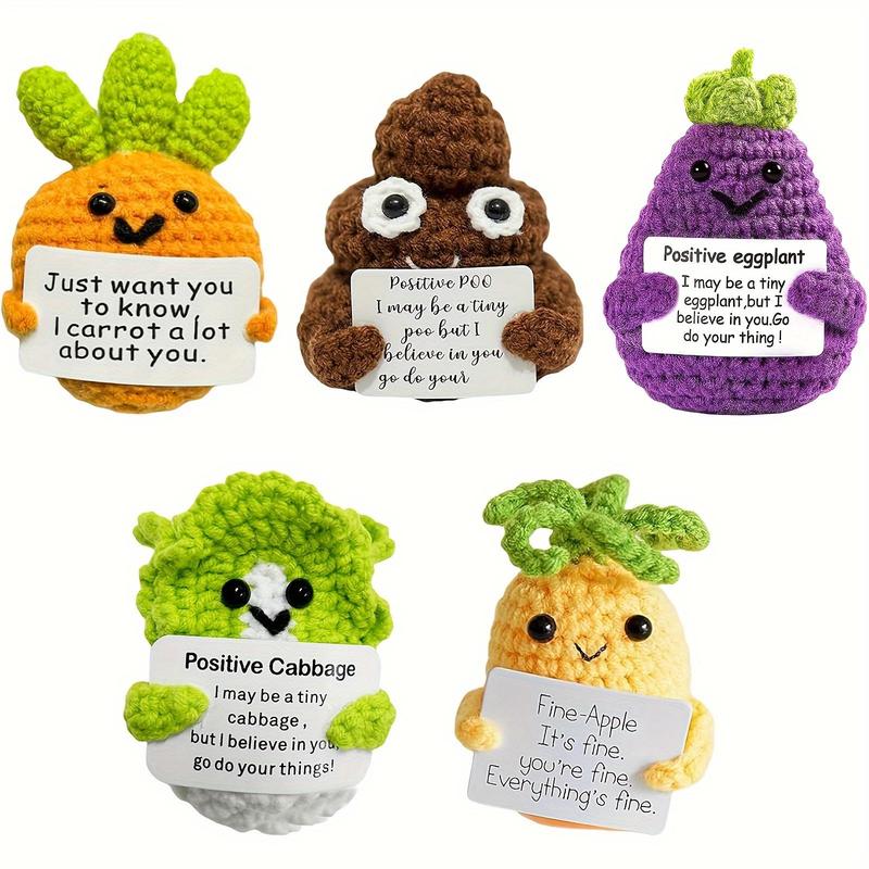 Positive Vegetables Emotional Support Crochet Doll, 5 Counts set Cute Crochet Doll with Positive Card, Funny Emotional Support Crochet Doll, Home Decor