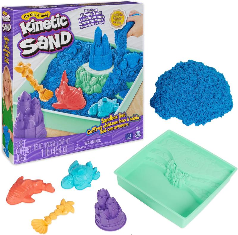 Kinetic Sand Sandbox Set, 1lb Play Sand, Sandbox Storage, 4 Molds and Tools, Sensory Toys