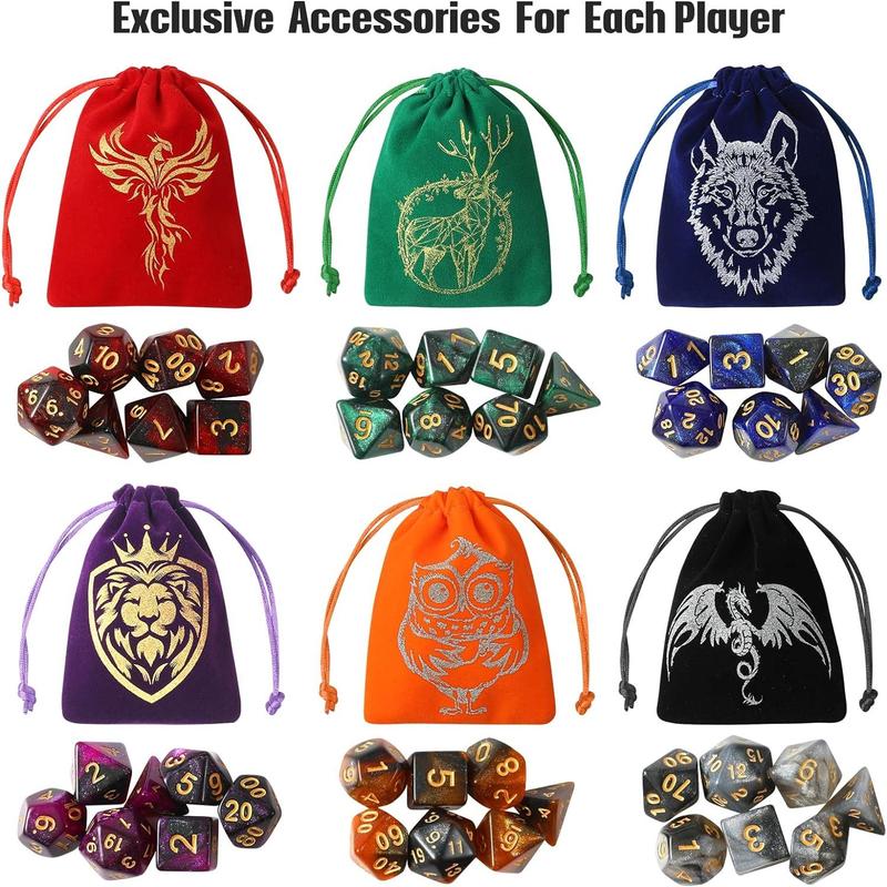 DND Dice Set, 42 Pcs polyhedral dice Set with 6 Colorful Animal Pattern Dice Bag and PU Leather and Velvet dice Tray for Dungeons and Dragons D&D RPG  Table Games Starry Sky