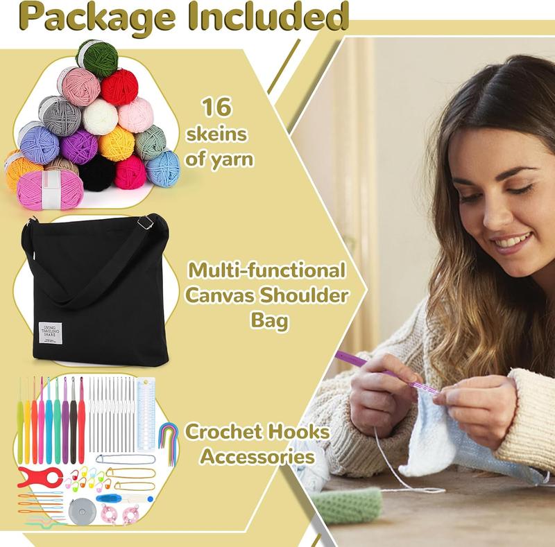 Crochet Kit for Beginners, 70 count Beginners Crochet Kit for Adults  Includes 16 Yarns for Crocheting Crochet Hooks Set Canvas Tote Bag Knitting Kit Complete Knitting&Crochet Supplies(Black)