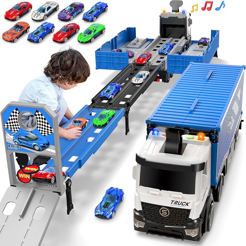 Toddlers Toys, Foldable 3 Layer Car Race Track Playset, Toy Truck Transport Car Carrier & 8 Race Cars, Truck Car Kids Toys Xmas Gifts for Age 3 4 5 6+ Years Old Boys Girls