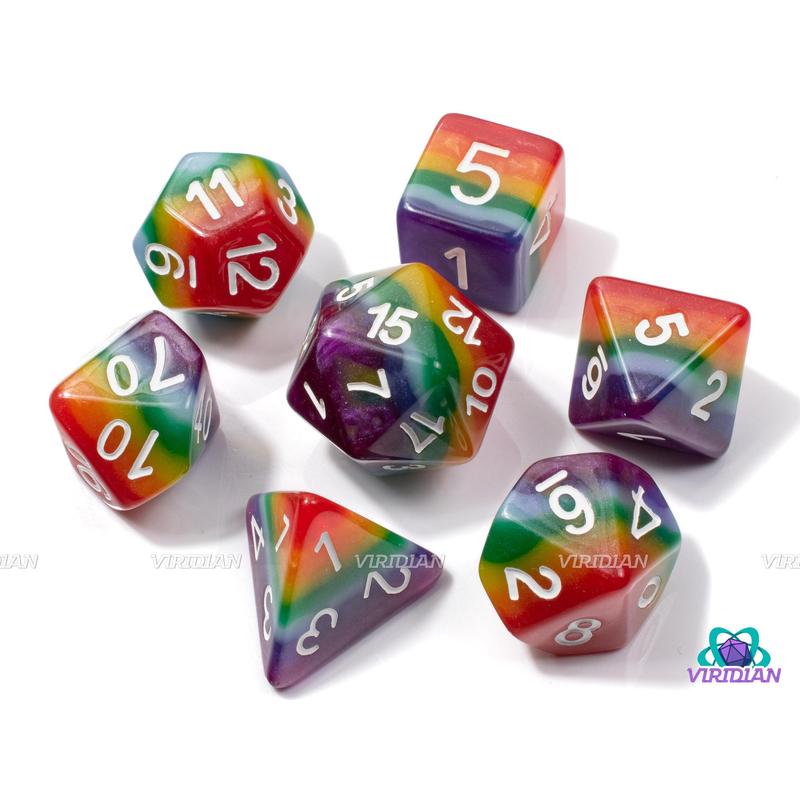 Full-On Rainbow | Rainbow Multi-Color Layered, Glistening Shimmer | Resin Dice Set (7)