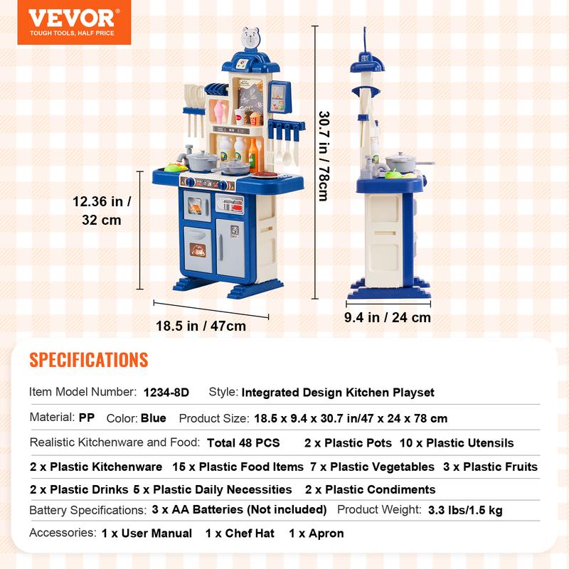 VEVOR Kids Kitchen Playset, Toddler Kitchen with Cooking Stove with Steam, Sounds and Lights, Play Kitchen Set with 48 PCS Cooking Accessory Set for Toddlers, Preschoolers, Children Ages 3-5, Blue