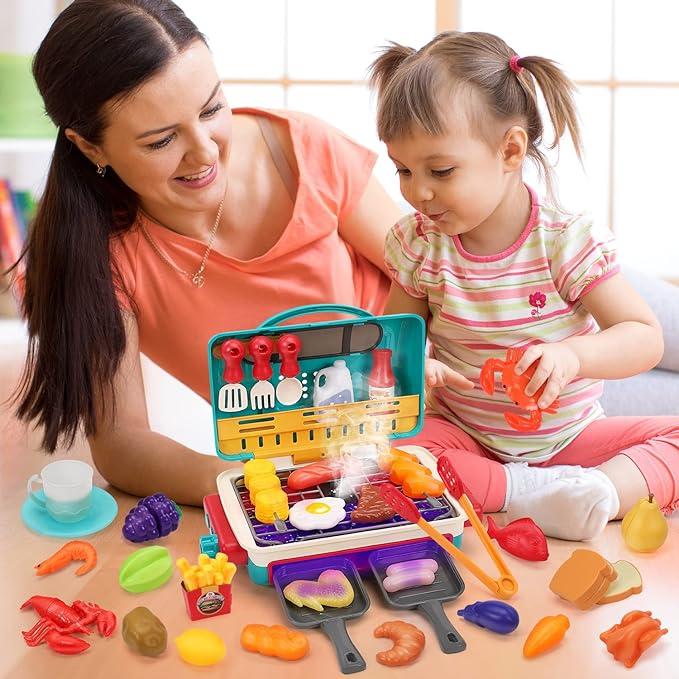 Kids BBQ Grill Toy, Barbecue Kitchen Cooking Playset with Realistic Spray, Light & Sound, Color Changing Play Food & Dishes Toy, Pretend BBQ Accessories Set for Girls Boys Toddler kitchen tool