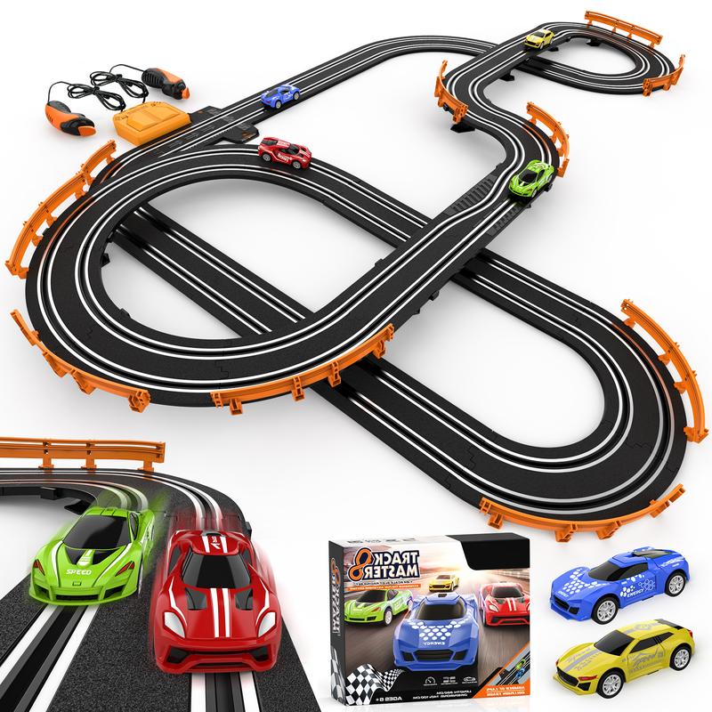 Slot Car Race Track Sets with 4 High-Speed Slot Cars, Battery or Electric Car Track, Dual Racing Game Lap Counter Circular Overpass Track, Gifts Toys for Boys Kids Age 6 7 8-12 rc car