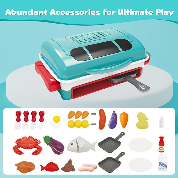 Kids BBQ Grill Toy, Barbecue Kitchen Cooking Playset with Realistic Spray, Light & Sound, Color Changing Play Food & Dishes Toy, Pretend BBQ Accessories Set for Girls Boys Toddler kitchen tool