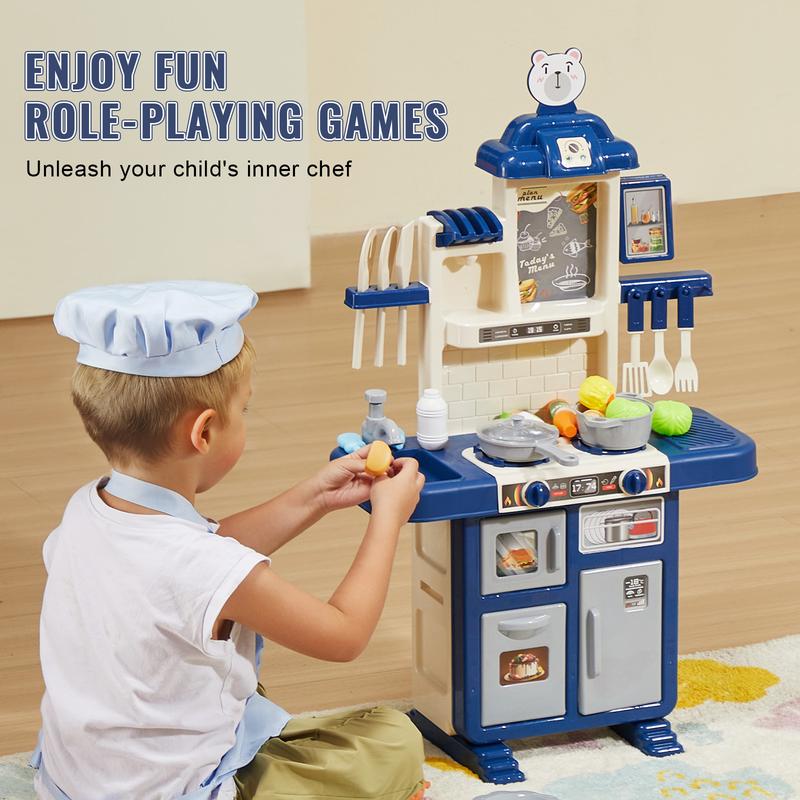 VEVOR Kids Kitchen Playset, Toddler Kitchen with Cooking Stove with Steam, Sounds and Lights, Play Kitchen Set with 48 PCS Cooking Accessory Set for Toddlers, Preschoolers, Children Ages 3-5, Blue