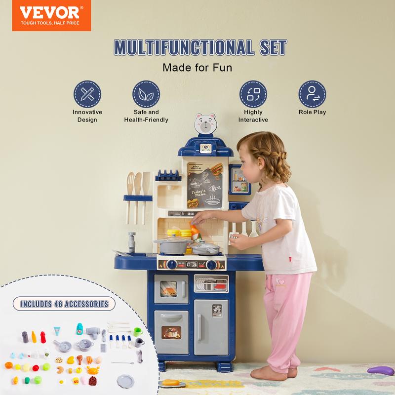 VEVOR Kids Kitchen Playset, Toddler Kitchen with Cooking Stove with Steam, Sounds and Lights, Play Kitchen Set with 48 PCS Cooking Accessory Set for Toddlers, Preschoolers, Children Ages 3-5, Blue