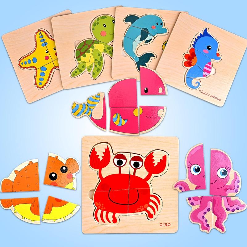 8 count Wooden Puzzles for Toddlers 1-3, Toddler Puzzles Ages 2-4, Montessori Toys for 1-3+ Years Girl Boy, Sea Animal Puzzle for Kids, Jigsaw Puzzles Educational Toys Preschool Puzzles for 1-3