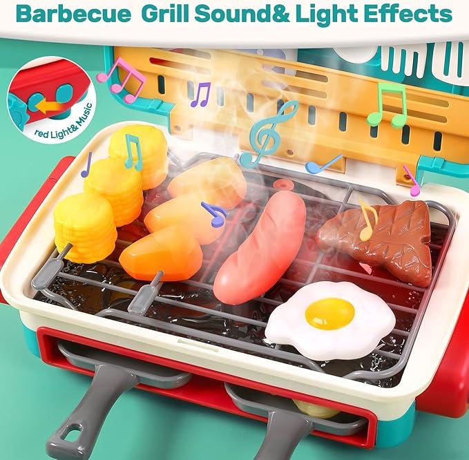 Kids BBQ Grill Toy, Barbecue Kitchen Cooking Playset with Realistic Spray, Light & Sound, Color Changing Play Food & Dishes Toy, Pretend BBQ Accessories Set for Girls Boys Toddler kitchen tool