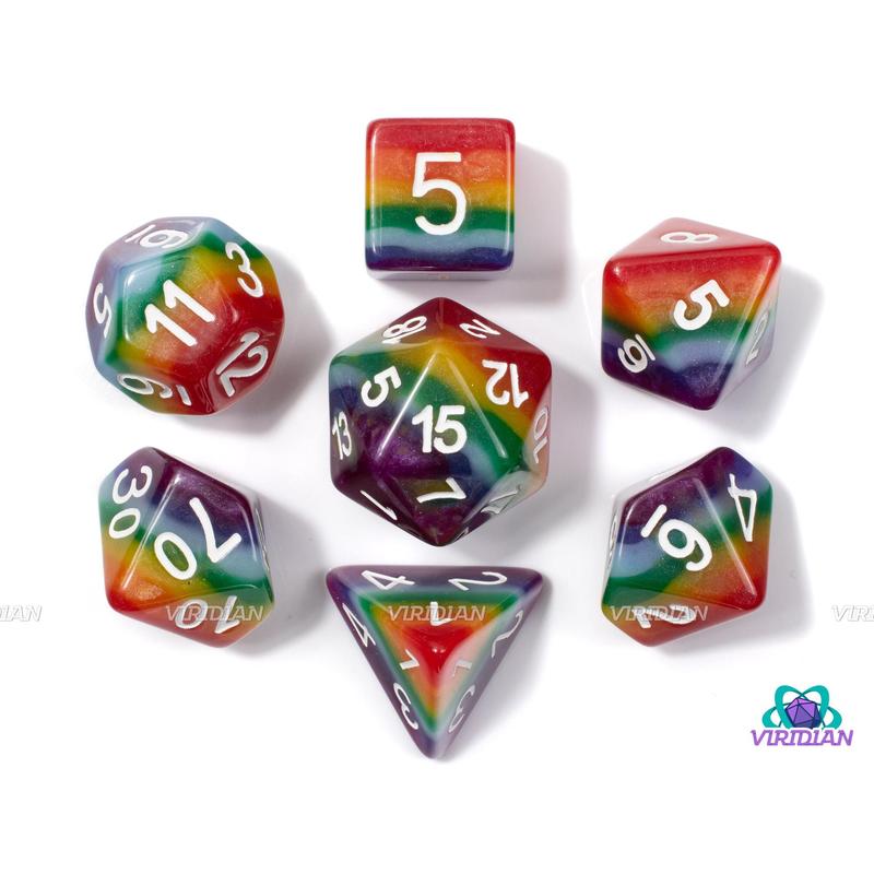 Full-On Rainbow | Rainbow Multi-Color Layered, Glistening Shimmer | Resin Dice Set (7)