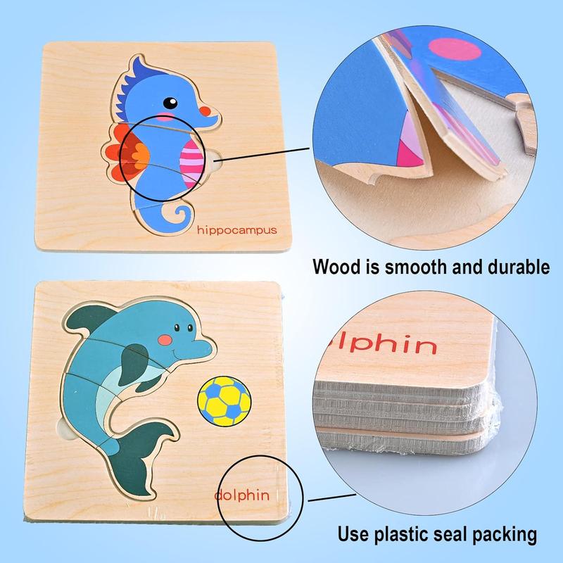 8 count Wooden Puzzles for Toddlers 1-3, Toddler Puzzles Ages 2-4, Montessori Toys for 1-3+ Years Girl Boy, Sea Animal Puzzle for Kids, Jigsaw Puzzles Educational Toys Preschool Puzzles for 1-3