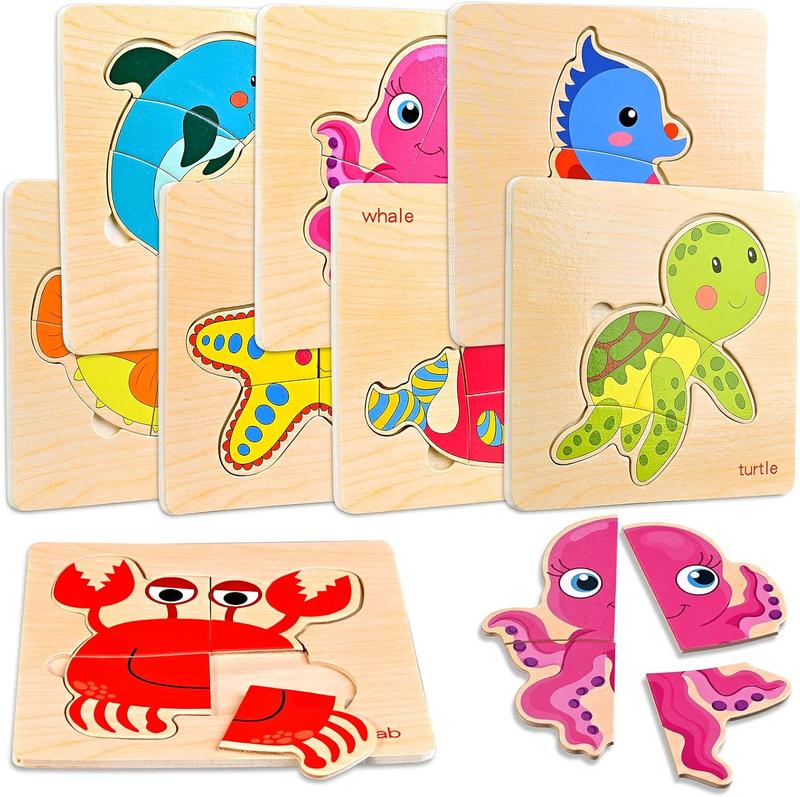 8 count Wooden Puzzles for Toddlers 1-3, Toddler Puzzles Ages 2-4, Montessori Toys for 1-3+ Years Girl Boy, Sea Animal Puzzle for Kids, Jigsaw Puzzles Educational Toys Preschool Puzzles for 1-3