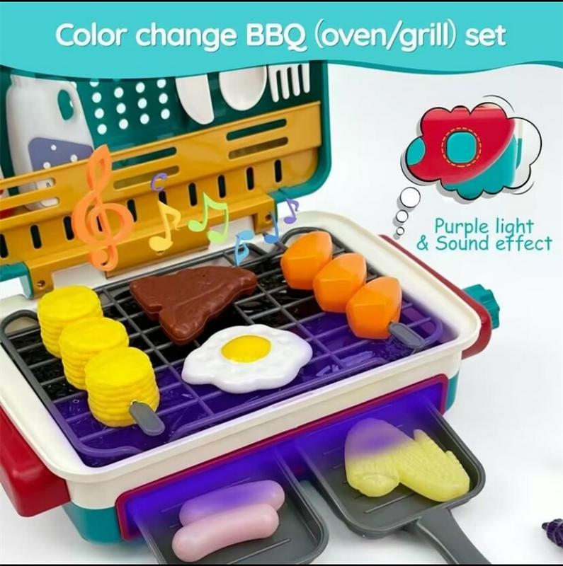 Kids BBQ Grill Toy, Barbecue Kitchen Cooking Playset with Realistic Spray, Light & Sound, Color Changing Play Food & Dishes Toy, Pretend BBQ Accessories Set for Girls Boys Toddler kitchen tool