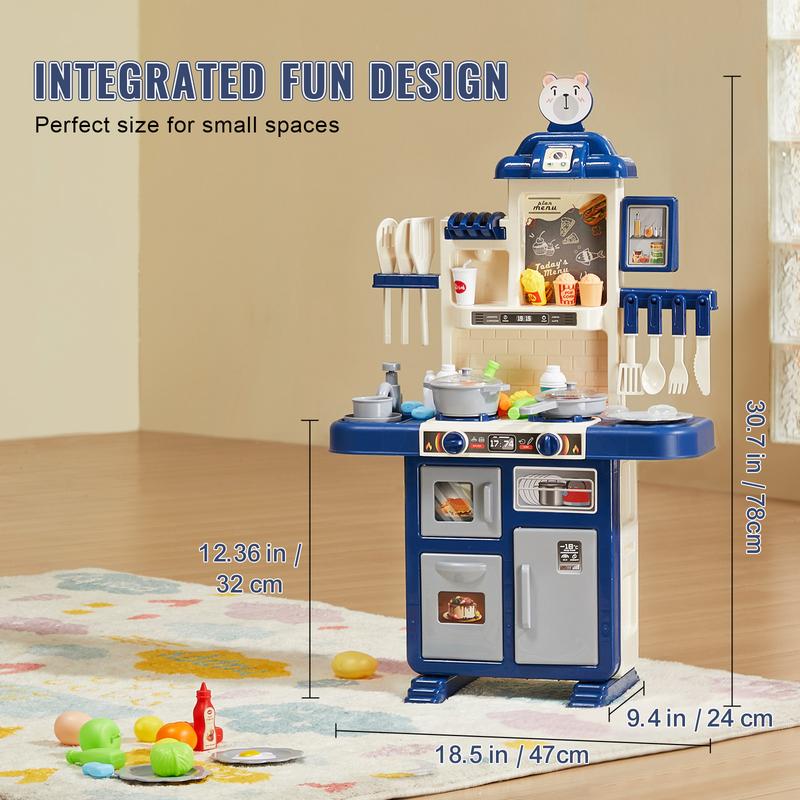 VEVOR Kids Kitchen Playset, Toddler Kitchen with Cooking Stove with Steam, Sounds and Lights, Play Kitchen Set with 48 PCS Cooking Accessory Set for Toddlers, Preschoolers, Children Ages 3-5, Blue