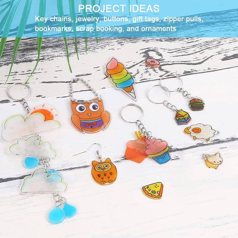 198 Pieces Shrink Plastic Kit includes 20 Sheets Shrink Papers, Hole Punch, Keychain Accessories and Pencils for Shrinky Art and DIY Keychain Making