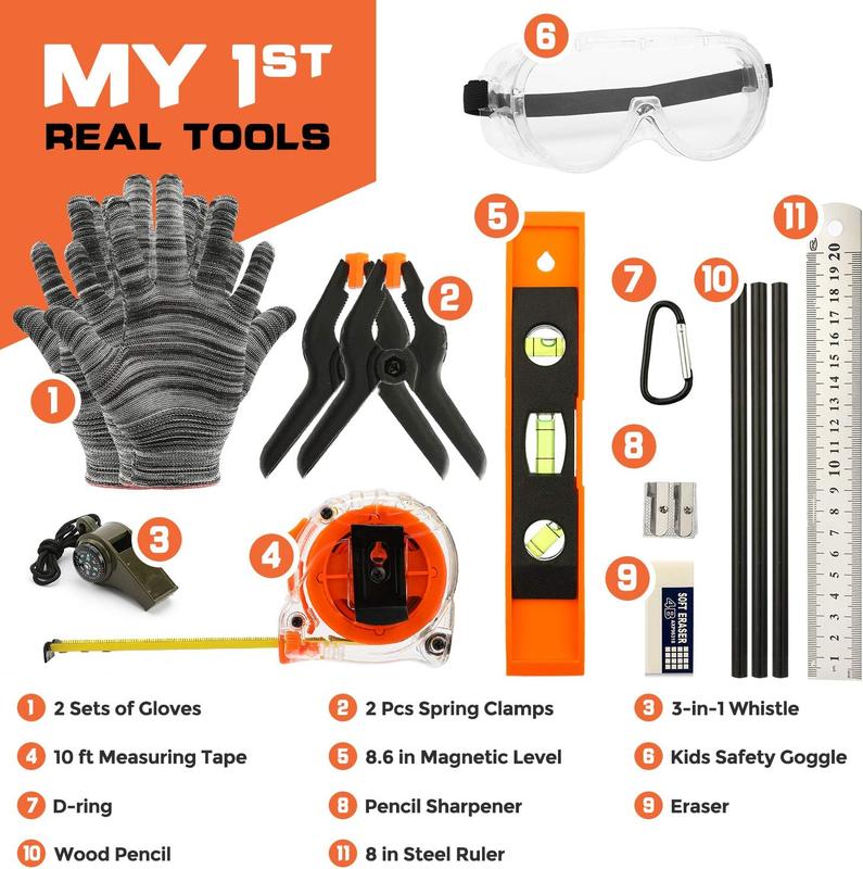 18 count Kid Hand Tool Set, Boy Builder's Tool Set with Real Hand Tools, Kids Tool Belt Waist 20