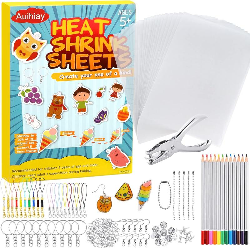 198 Pieces Shrink Plastic Kit includes 20 Sheets Shrink Papers, Hole Punch, Keychain Accessories and Pencils for Shrinky Art and DIY Keychain Making