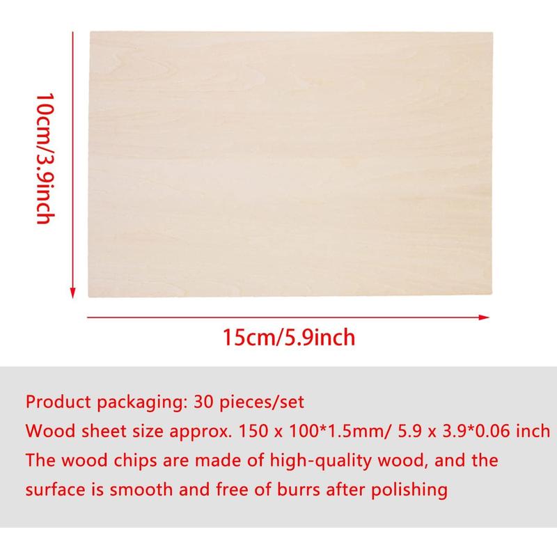 Basswood Sheets, 30 Pack Unfinished Wood, Rectangle Thin Plywood Wood Sheets for Crafts, Wood Burning and CNC Cutting, Wooden DIY Ornaments wood blanks