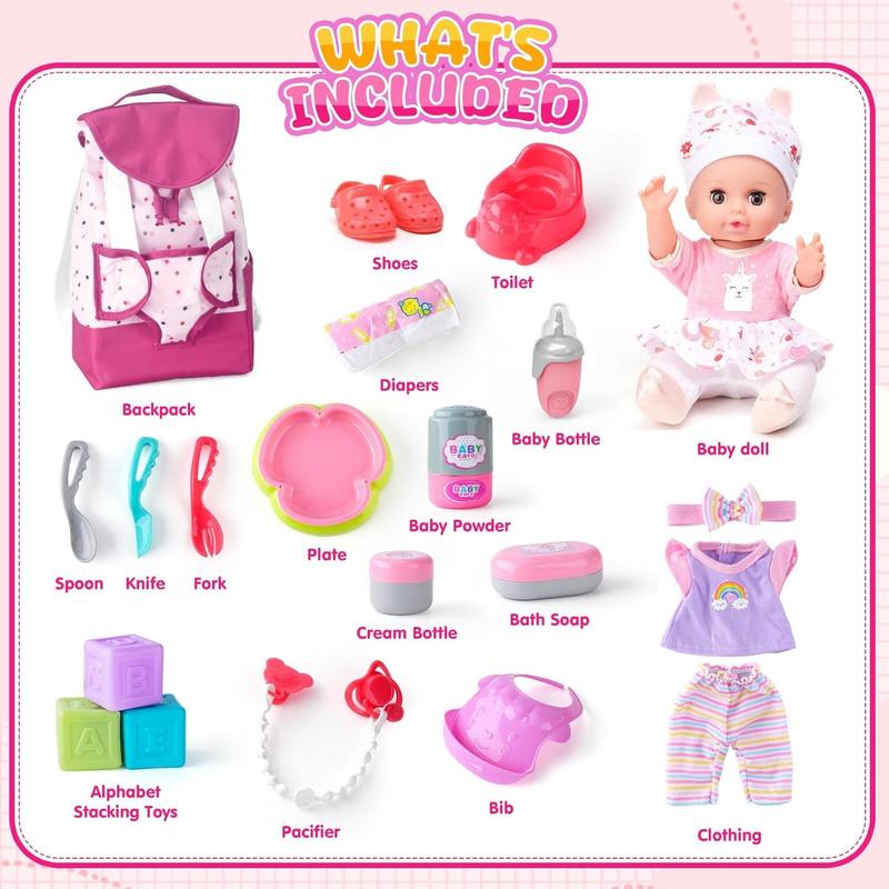 Baby Doll with Accessories Set, Baby Dolls Set for Toddler Girls 3-5 6-12, Toddler Baby Doll Set, Baby Doll Playset, Baby Dolls for 5 Year Old Girls, Baby Doll Toys Pretend Play Toy(BackPack)