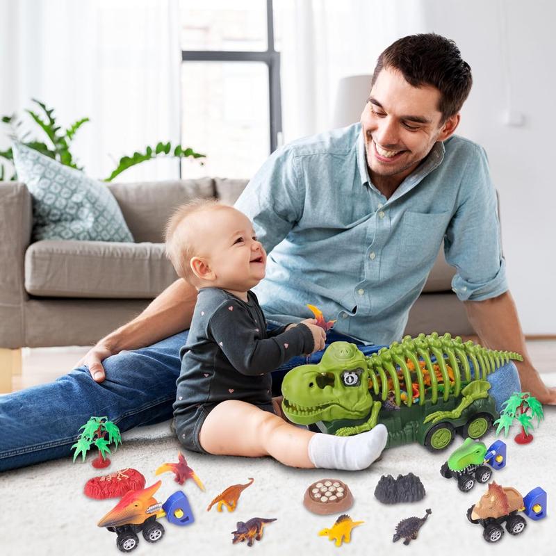 Dinosaur Truck with Sound & Light, Toy for Kids 3-5, T Rex Monster Truck Carrier Transport Car Game with 3 Little Dino Catapult Cars Vehicle & Jurassic Dinosaurs Figures