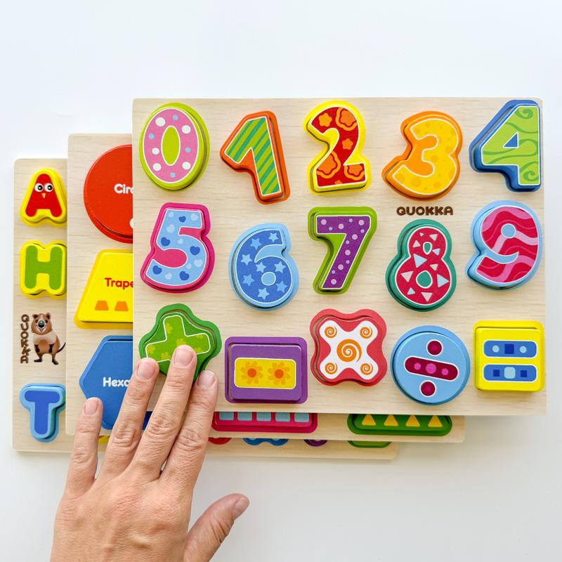 QUOKKA 3 Set Chunky Wooden Puzzles for Toddlers | Alphabet, Numbers & Geometric Forms