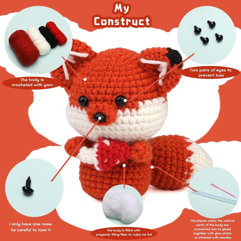 DIY Crochet Kit, Fox Shaped Crochet Kit with Random Color Accessories, DIY Handmade Knitting Kit for Beginners, Crochet Supplies