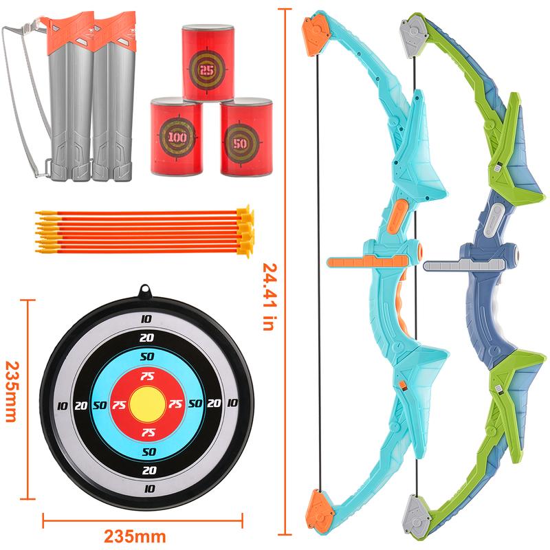 VEVOR Bow and Arrow Set for Kids, 2 Pack LED Light Up Archery Set with 20 Suction Cup Arrows, 2 Hanging Targets, 2 Quivers, 3 Target Cans, Outdoor Toy Birthday Gift for Boy & Girl 6 7 8 9 10+ Year Old