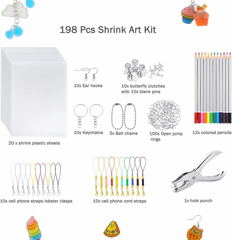 198 Pieces Shrink Plastic Kit includes 20 Sheets Shrink Papers, Hole Punch, Keychain Accessories and Pencils for Shrinky Art and DIY Keychain Making