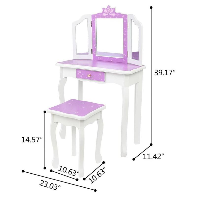 Kid's Vanity  Wooden Makeup Desk W  Mirror,Stool,Drawer Purple