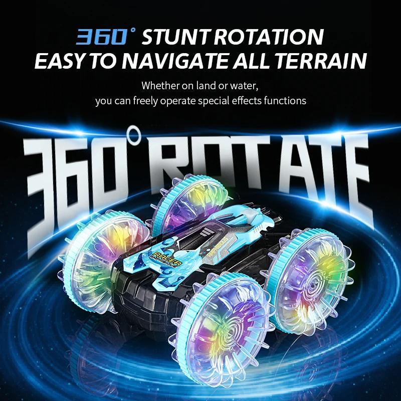 Waterproof Remote Control Car, 360° Rotating Double-sided Stunt Remote Control Car with Cool Light Effect, Electric & Remote Control Toys for Kids