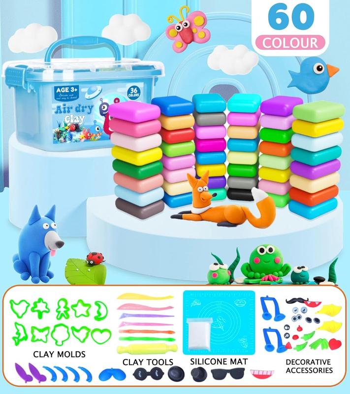 Christmas Gift For Kids Air Dry Clay - 60 Colors Air Dry Clay for Kids Adults, Polymer Modeling Foam Soft Magic Clay Crafts Kits for Kids