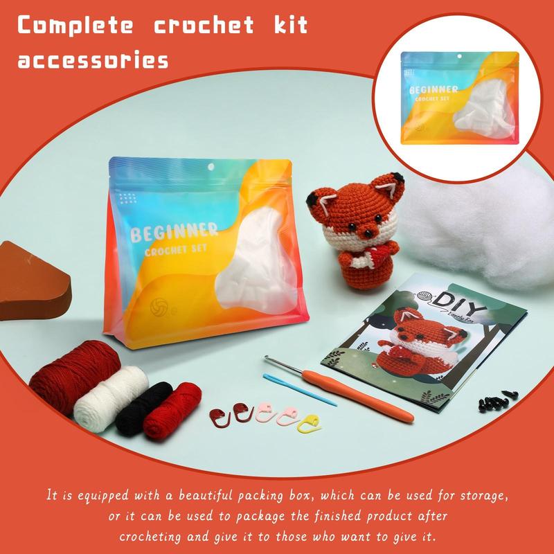 DIY Crochet Kit, Fox Shaped Crochet Kit with Random Color Accessories, DIY Handmade Knitting Kit for Beginners, Crochet Supplies