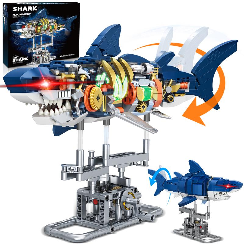 66040,666 Pieces,Shark  Building Block Set,Marine animal toy mechanical shark, with lighting and rotatable link components,Collecting Building crossing the ocean enthusiast toys,Birthday Gift,For aged 12 and above,Stress relief toy