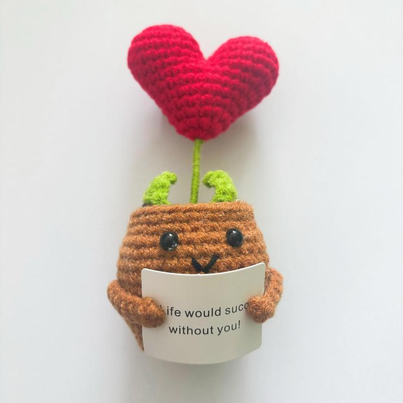 Handmade Mini Funny Crochet, 1 Count Cute Cartoon Plant & Heart Design Crochet with Positive Card, Home Decor for Living Room & Bedroom