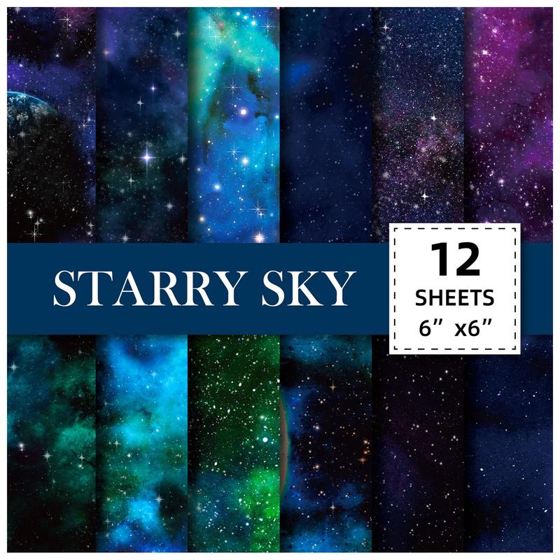 12 Sheets Pack Scrapbook Paper Pad, Watercolor Starry Sky Paper Pack, 12 Styles Sky Craft Paper with One Side Print, Suitable for Scrapbooking DIY Holiday Photo Album Crafts Making