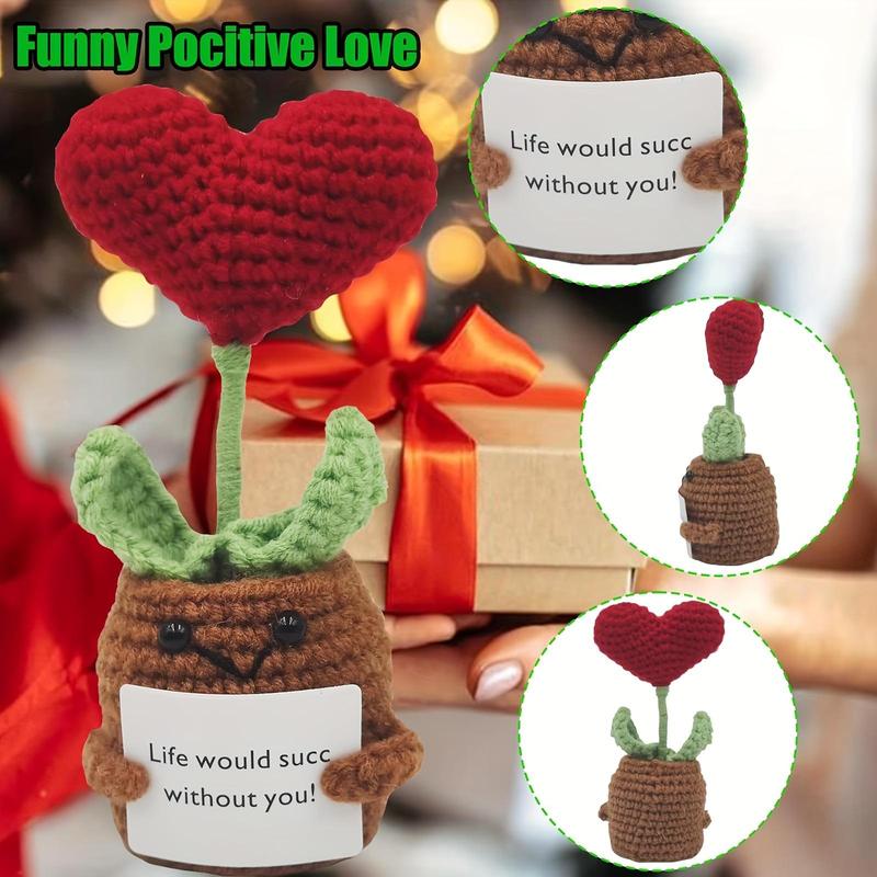 Handmade Mini Funny Crochet, 1 Count Cute Cartoon Plant & Heart Design Crochet with Positive Card, Home Decor for Living Room & Bedroom