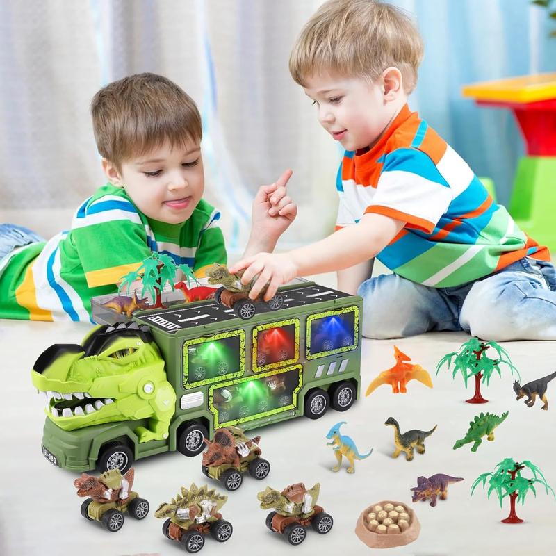 21 in 1 Dinosaur Truck Toys for 3 4 5 6 7 Year Old Boys Girls - T-Rex Transport Car Carrier Truck with 5 Pull Back Dinosaur Cars and 9 Dino Figures, Kids Birthday Christmas Toy Gift w Light & Music